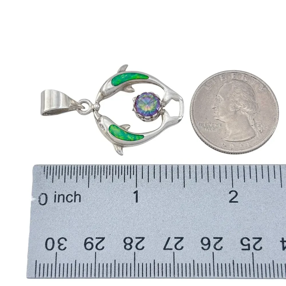 Vintage Sterling Silver 925 Green Opal Mystic Cubic Zirconia Dolphin Pendant